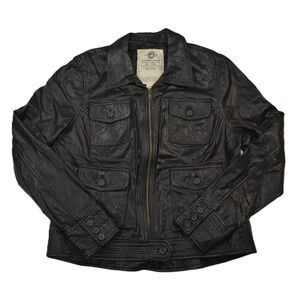 Lucky Brand Clothing Womens Black Leather Jacket M4 Cargo Pockets Moto Style XL